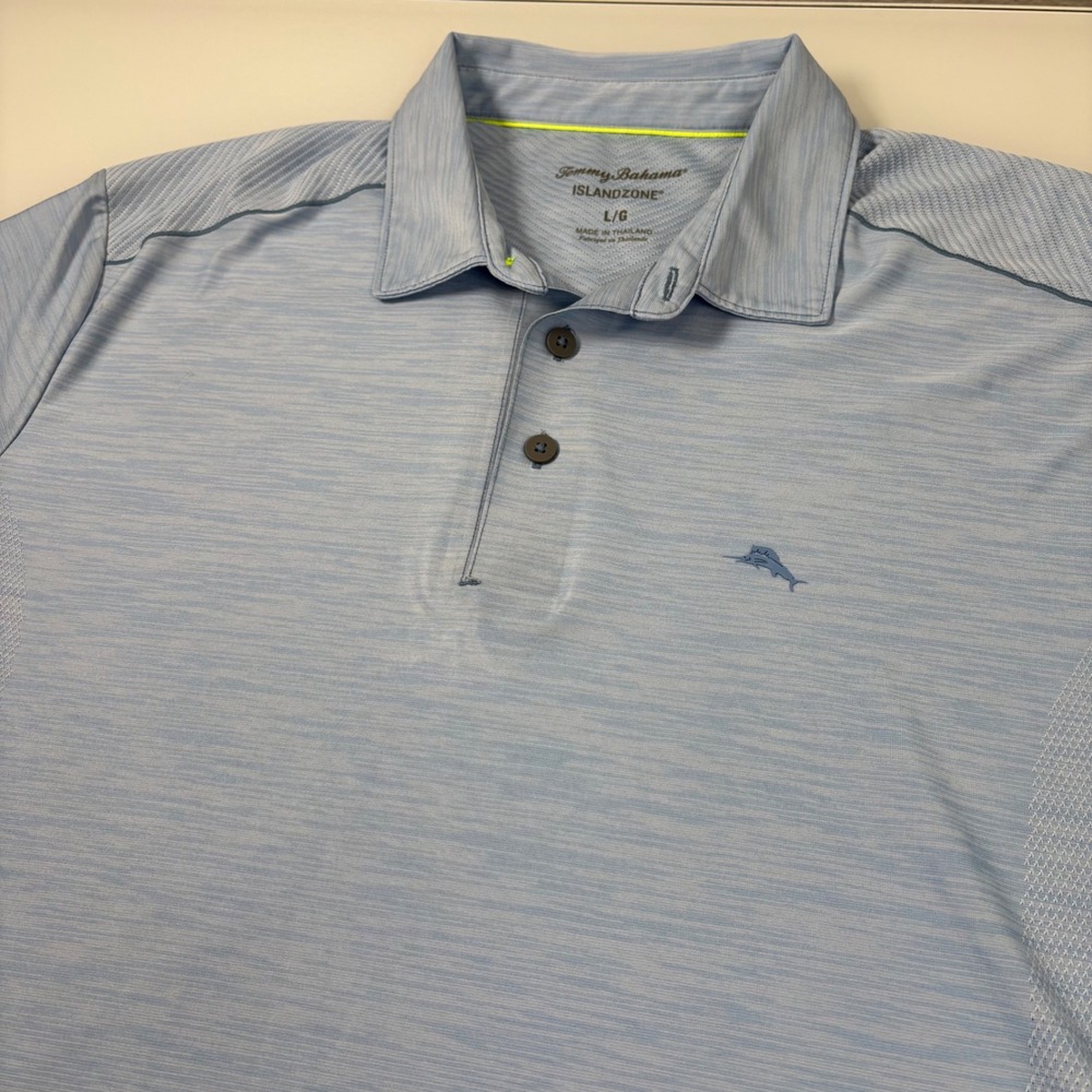 Tommy Bahama Mens L Blue IslandZone Polo Shirt Performance Heathered Lightweight